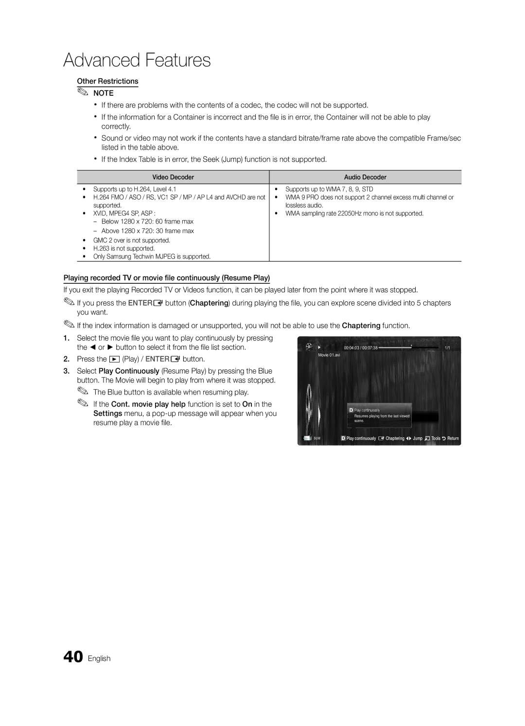 Samsung UE46C6900VQXZT manual Supported Lossless audio, WMA sampling rate 22050Hz mono is not supported 