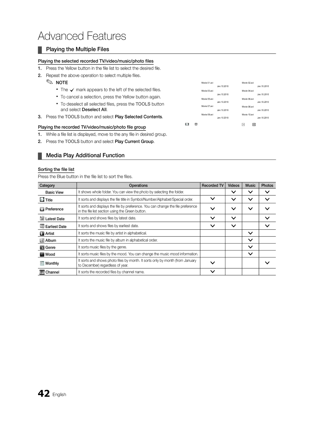 Samsung UE46C6900VQXZT manual Playing the Multiple Files, Media Play Additional Function 