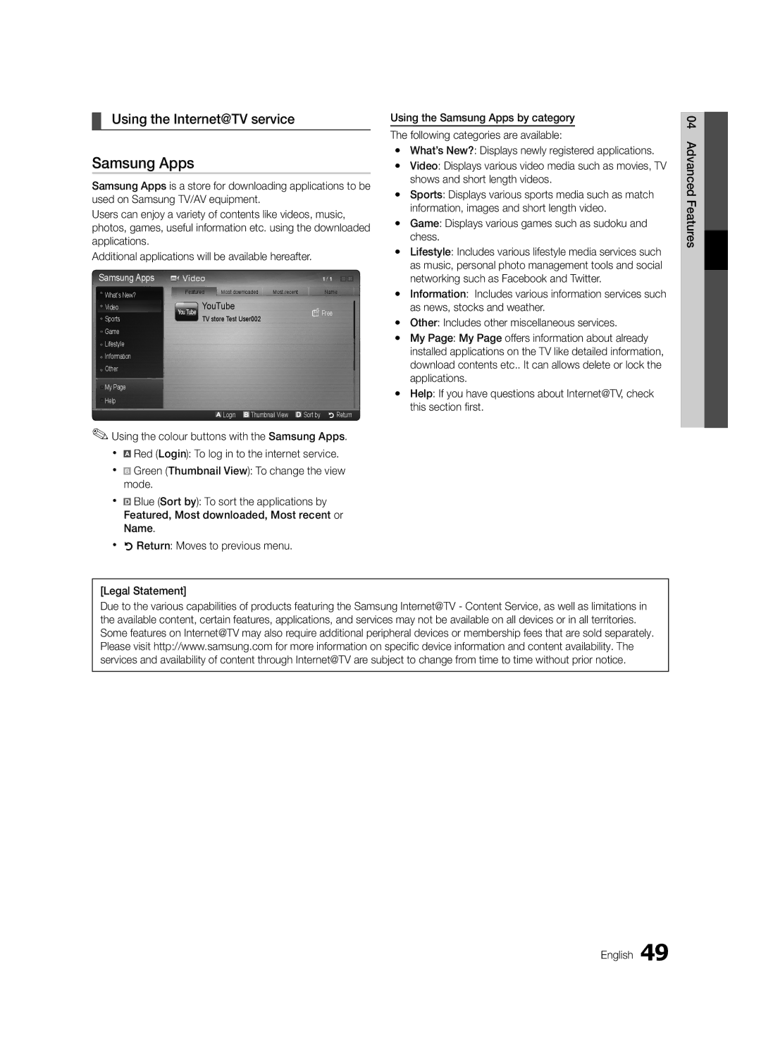 Samsung UE46C6900VQXZT manual Samsung Apps, Using the Internet@TV service 