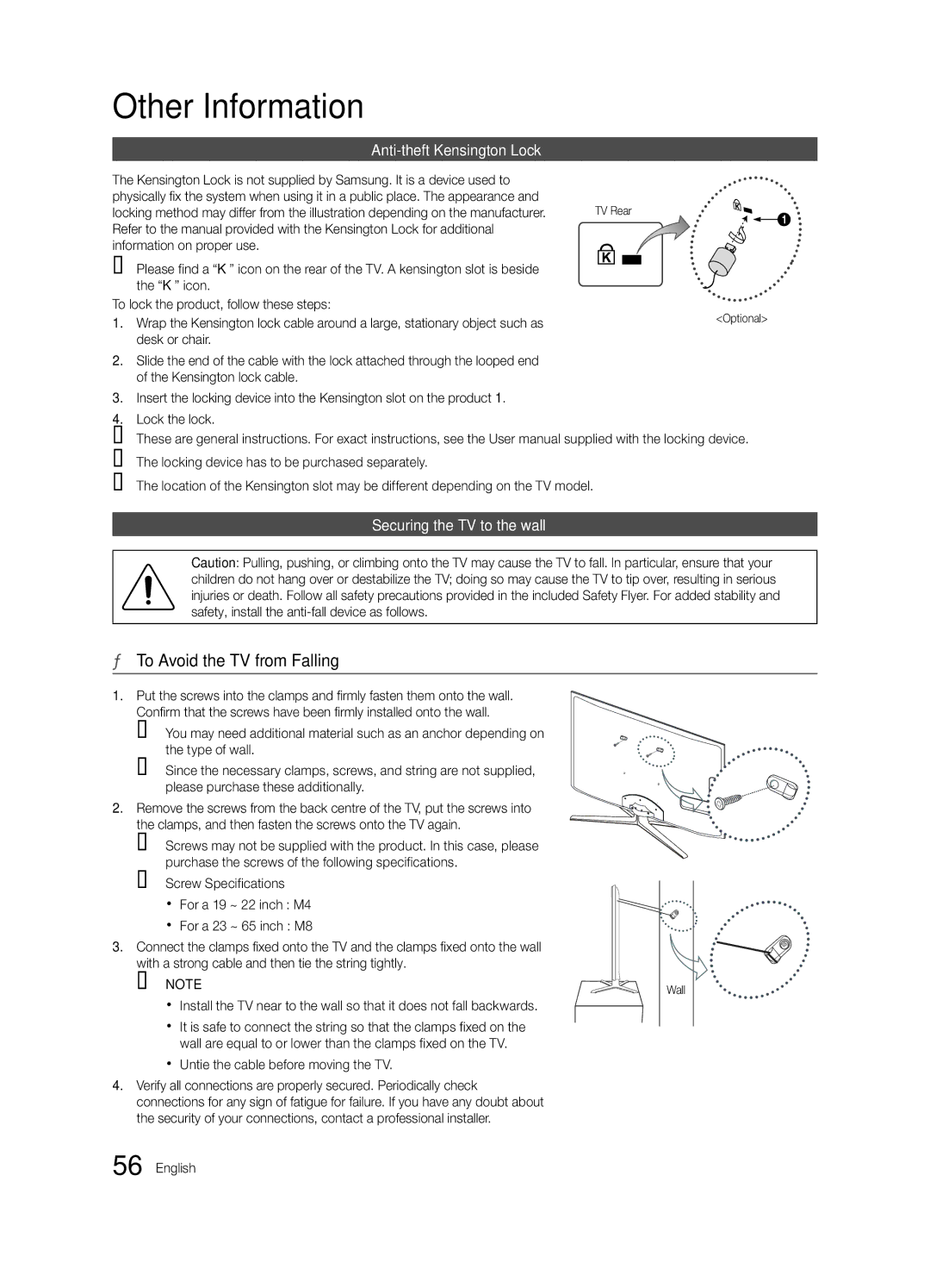 Samsung UE46C6900VQXZT manual To Avoid the TV from Falling, Anti-theft Kensington Lock, Securing the TV to the wall 