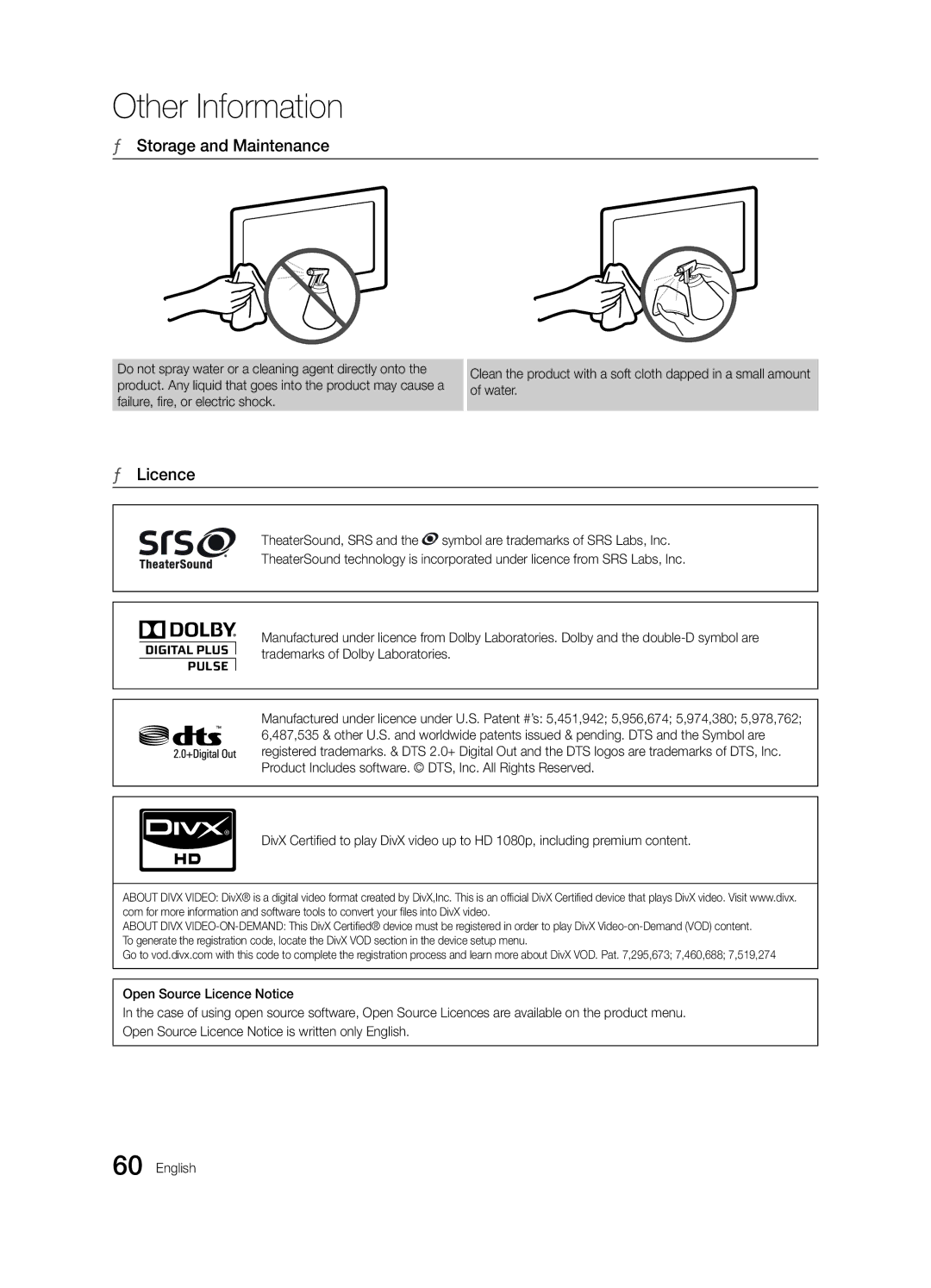 Samsung UE46C6900VQXZT manual Storage and Maintenance, Licence 