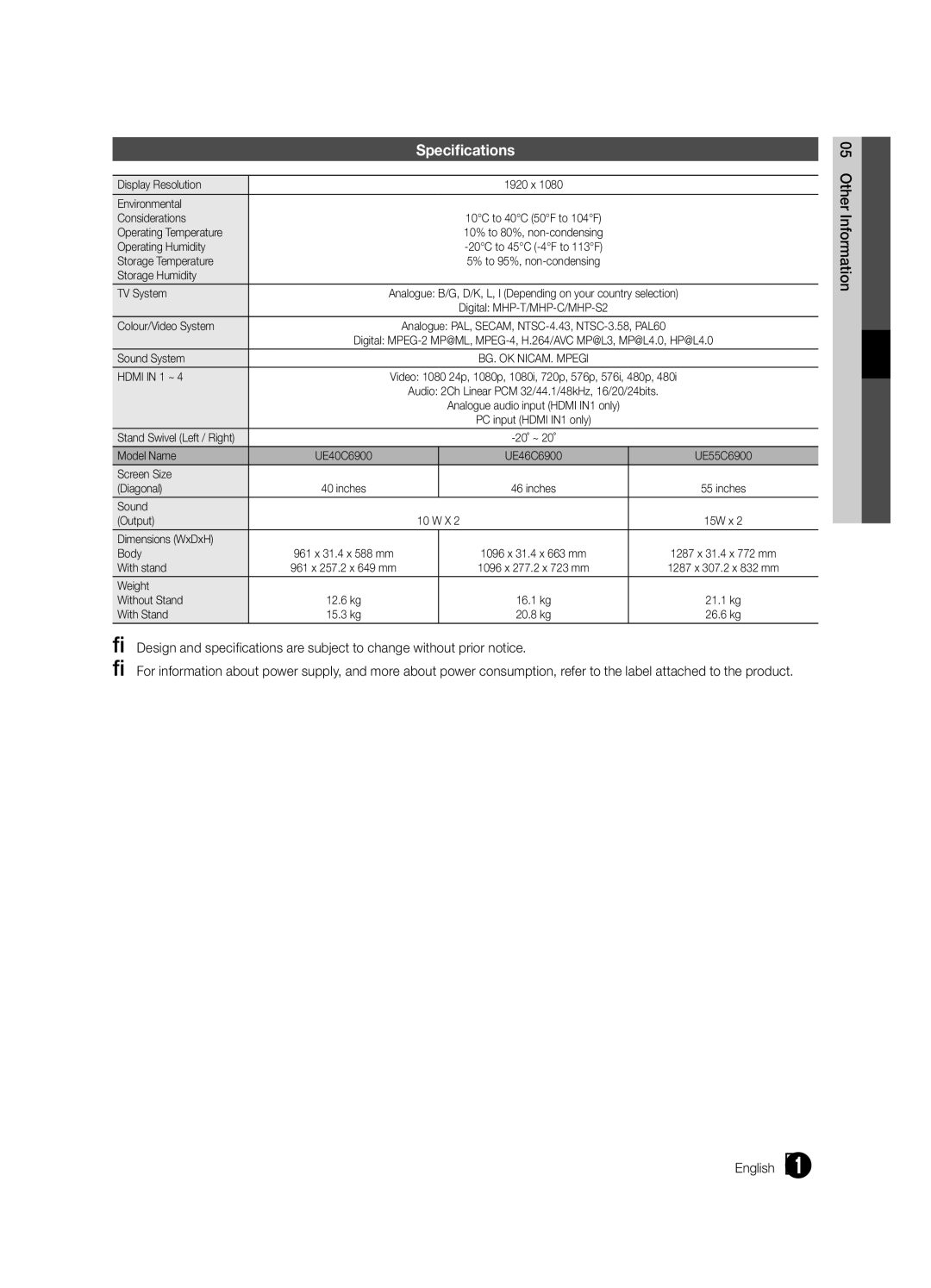 Samsung UE46C6900VQXZT manual Specifications 