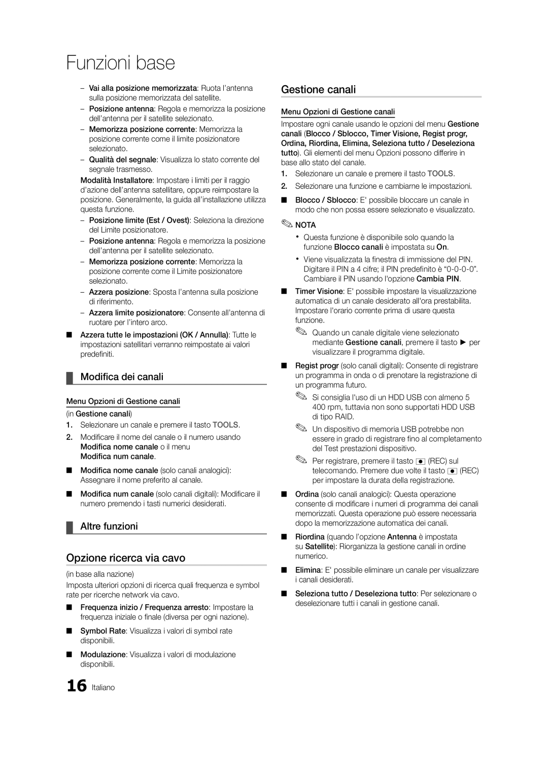 Samsung UE46C6900VQXZT manual Opzione ricerca via cavo, Modifica dei canali, Altre funzioni 