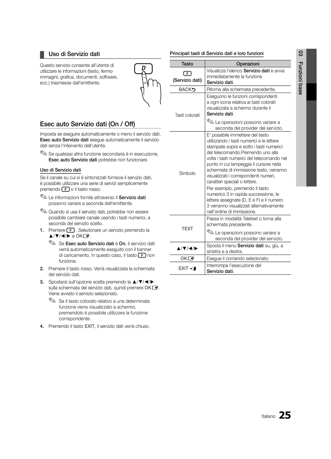 Samsung UE46C6900VQXZT manual Esec auto Servizio dati On / Off, Uso di Servizio dati 