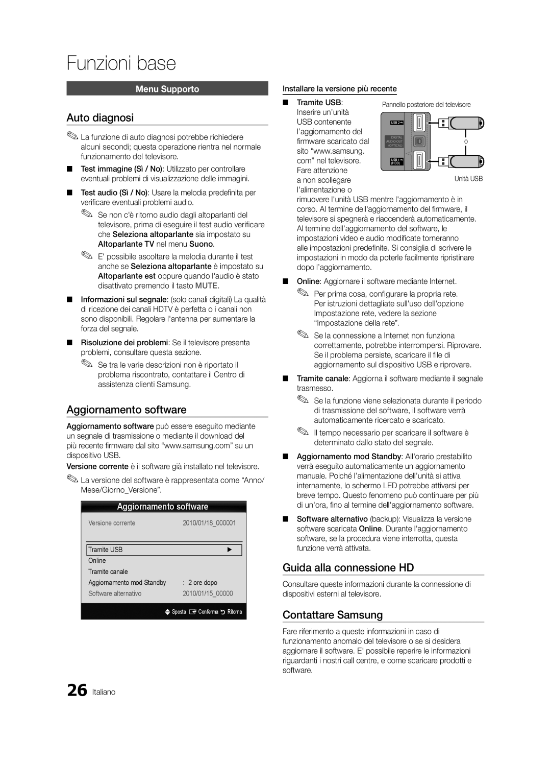 Samsung UE46C6900VQXZT manual Auto diagnosi, Aggiornamento software, Guida alla connessione HD, Contattare Samsung 