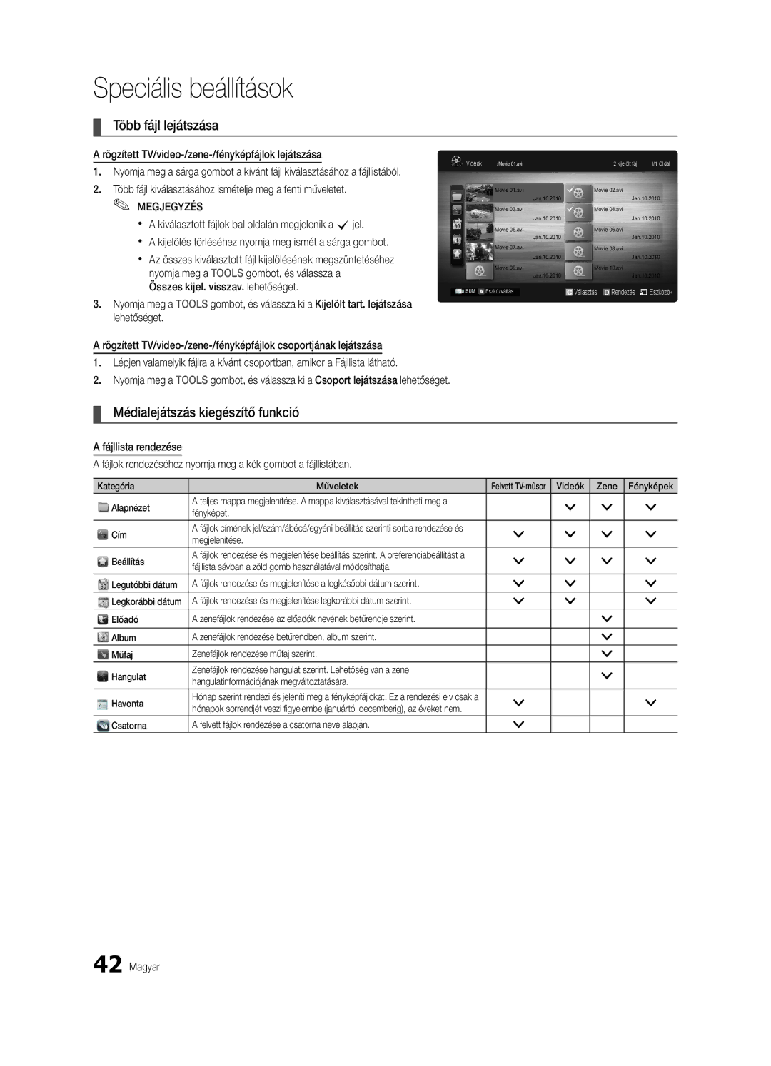 Samsung UE40C6905VSXXE, UE46C6990VSXZG, UE40C6900VSXXC manual Több fájl lejátszása, Médialejátszás kiegészítő funkció 