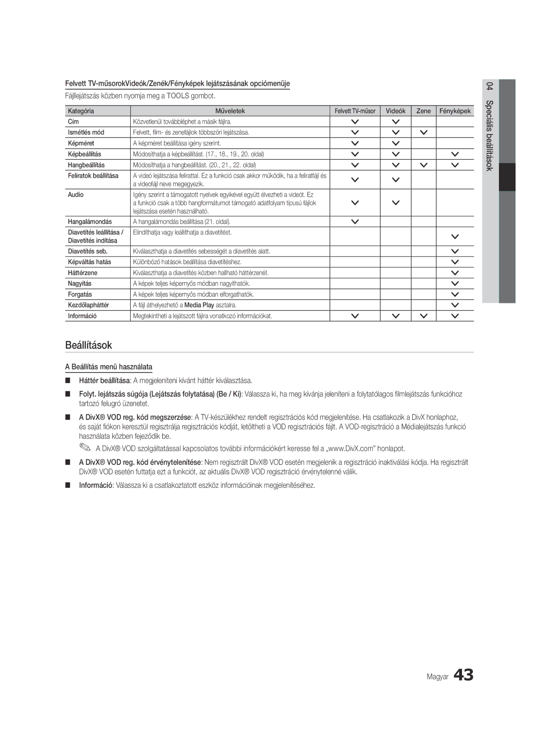 Samsung UE46C6990VSXZG, UE40C6900VSXXC, UE55C6900VSXXH, UE46C6900VSXXH manual Beállítások, Videofájl neve megegyezik Audio 