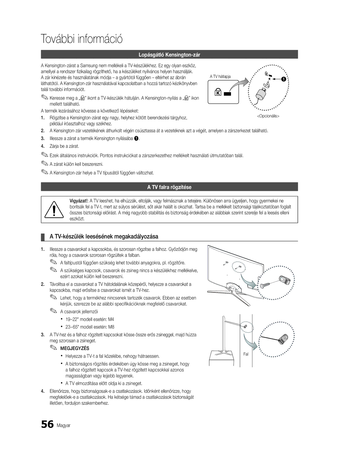 Samsung UE40C6905VSXXE manual TV-készülék leesésének megakadályozása, Lopásgátló Kensington-zár, TV falra rögzítése 