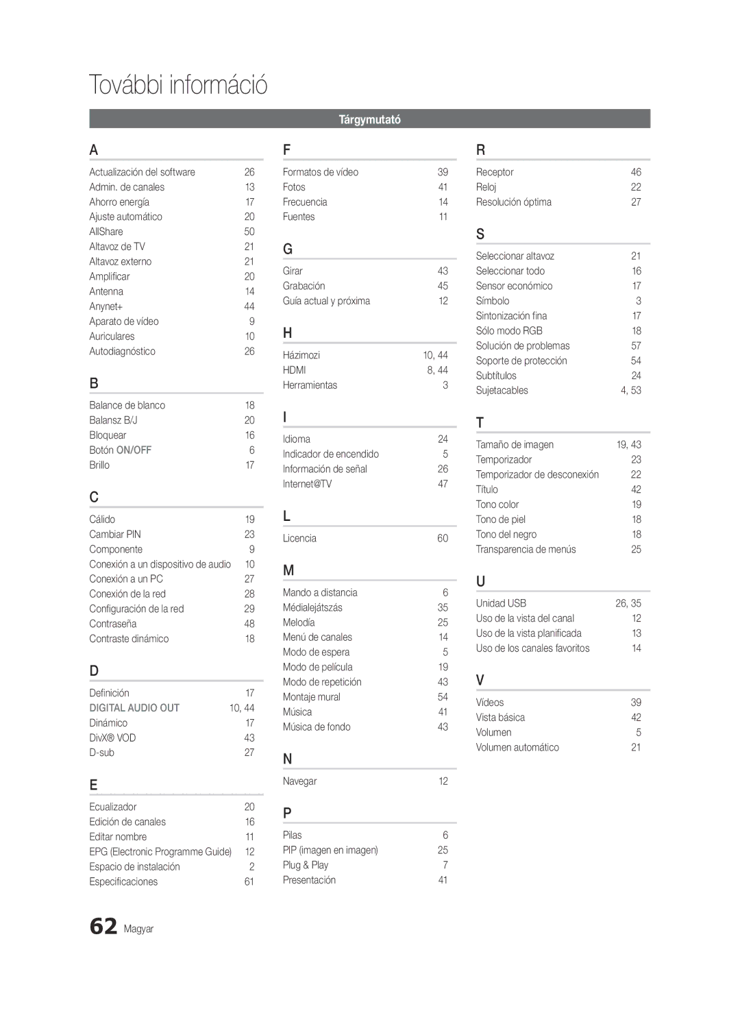 Samsung UE46C6905VSXXE manual Tárgymutató, Vídeos Vista básica Volumen Volumen automático, Actualización del software 