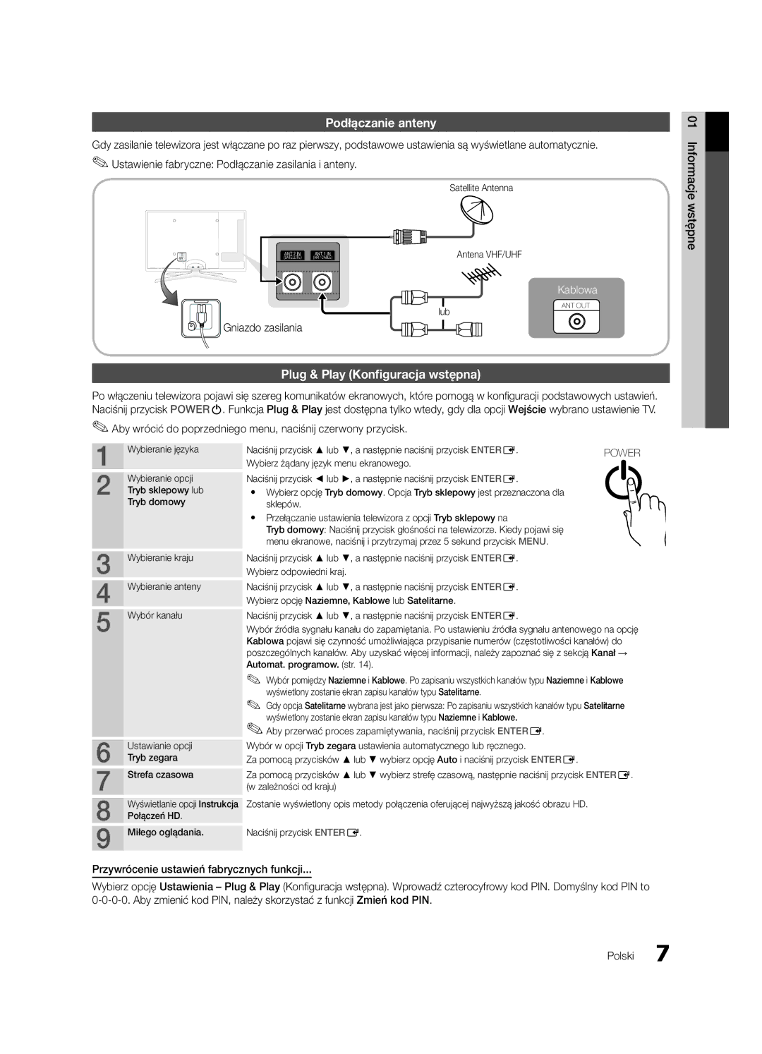 Samsung UE46C6905VSXXE manual Podłączanie anteny, Plug & Play Konfiguracja wstępna, Wstępne01 Informacje, Gniazdo zasilania 