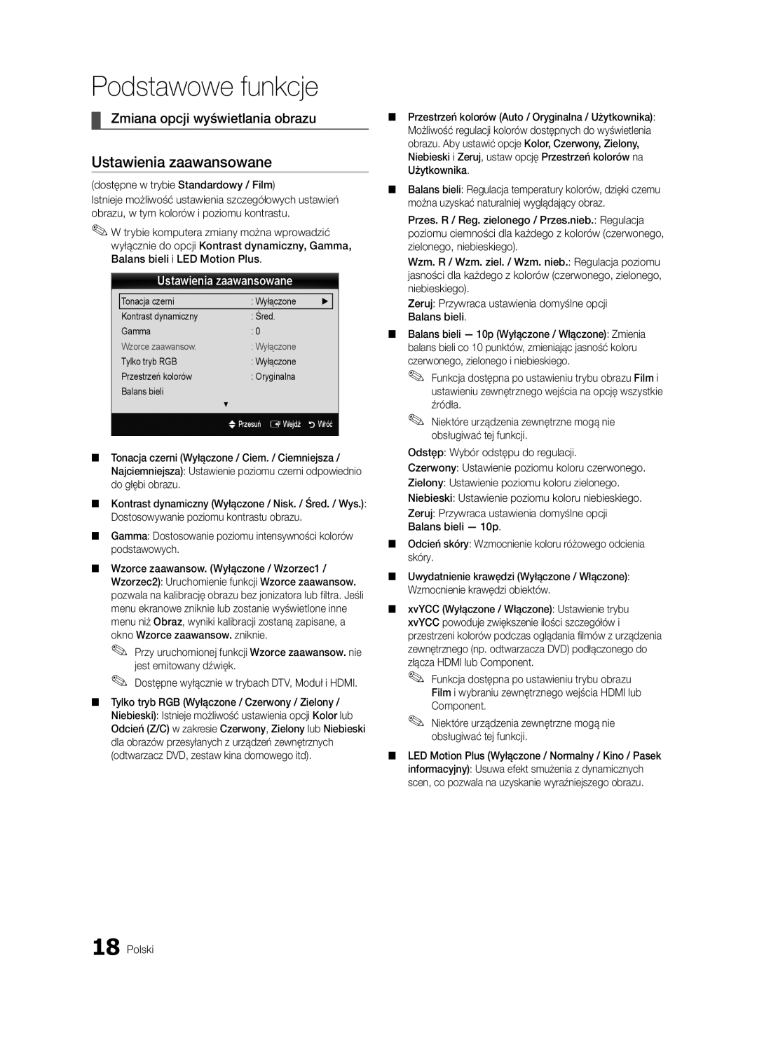 Samsung UE55C6900VSXXH Ustawienia zaawansowane, Zmiana opcji wyświetlania obrazu, Dostępne w trybie Standardowy / Film 