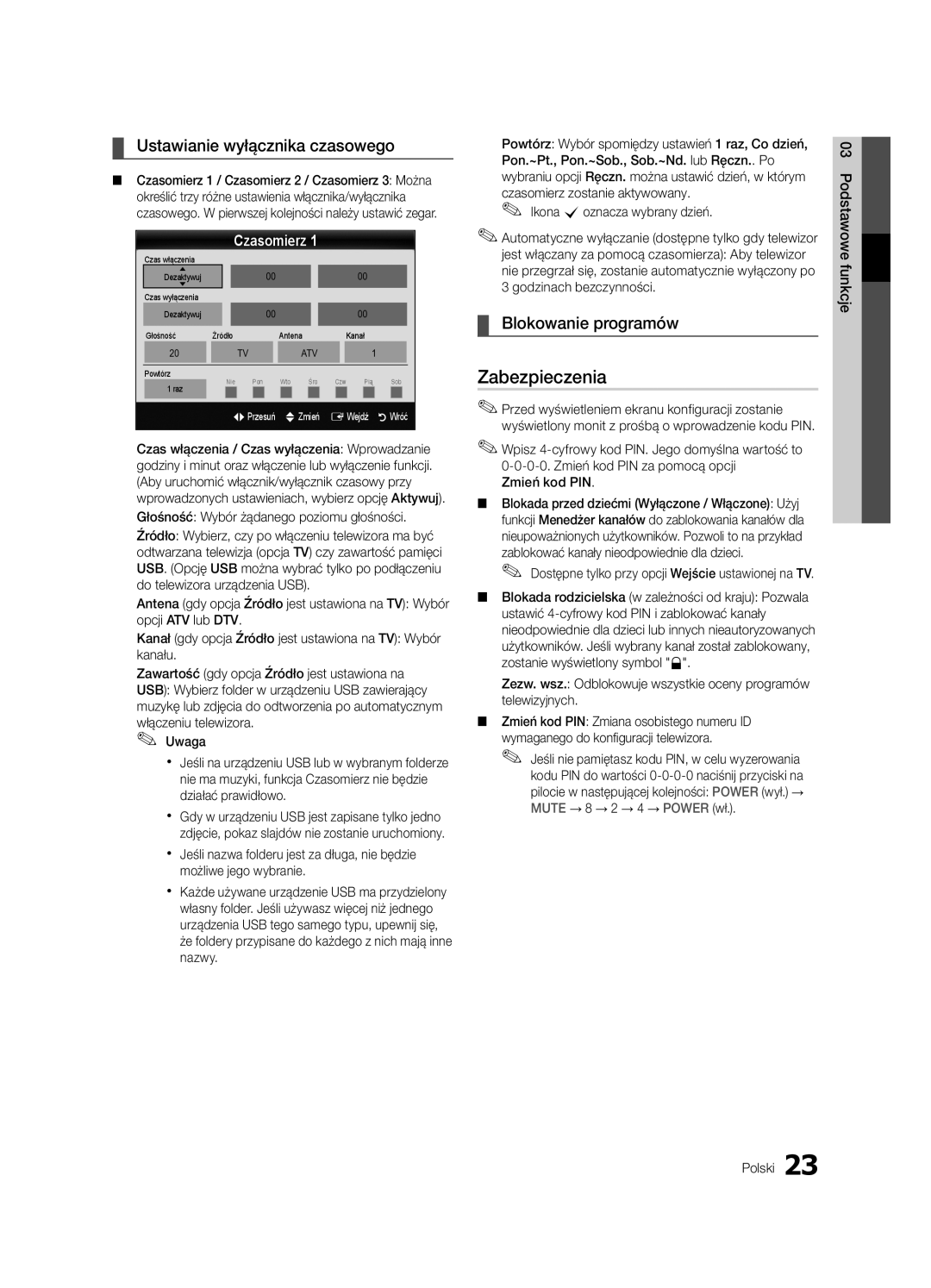 Samsung UE46C6990VSXZG, UE40C6900VSXXC Zabezpieczenia, Ustawianie wyłącznika czasowego, Blokowanie programów, Czasomierz 