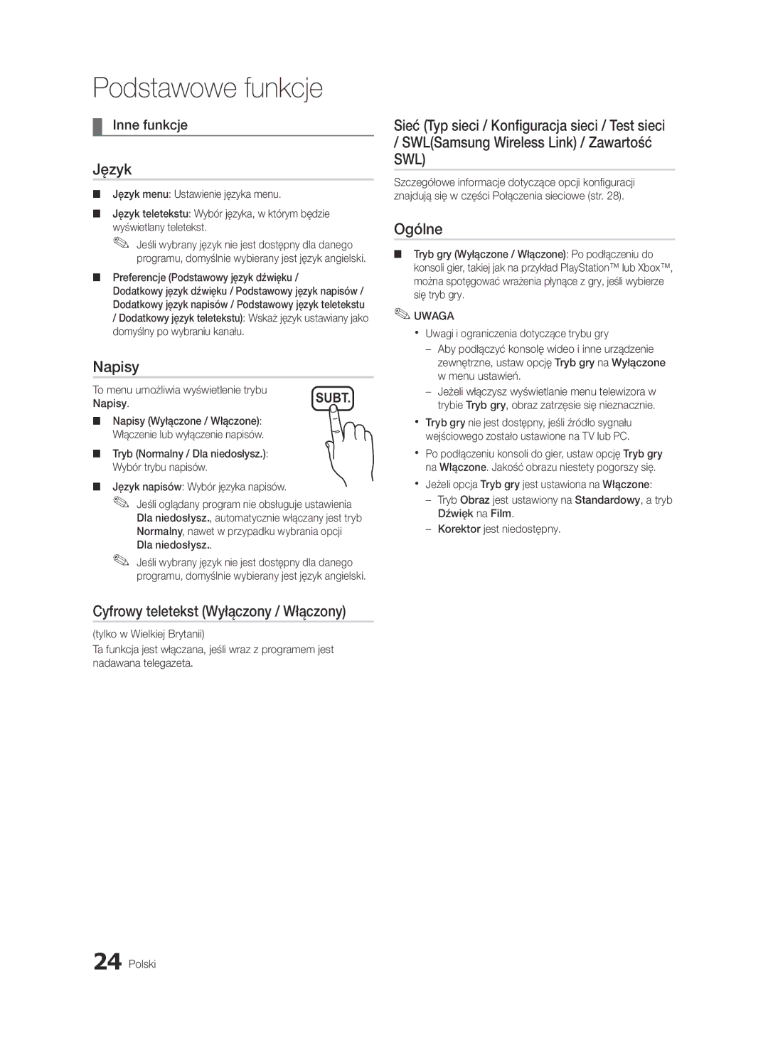 Samsung UE40C6900VSXXC, UE46C6990VSXZG, UE55C6900VSXXH manual Język, Napisy, Cyfrowy teletekst Wyłączony / Włączony, Ogólne 