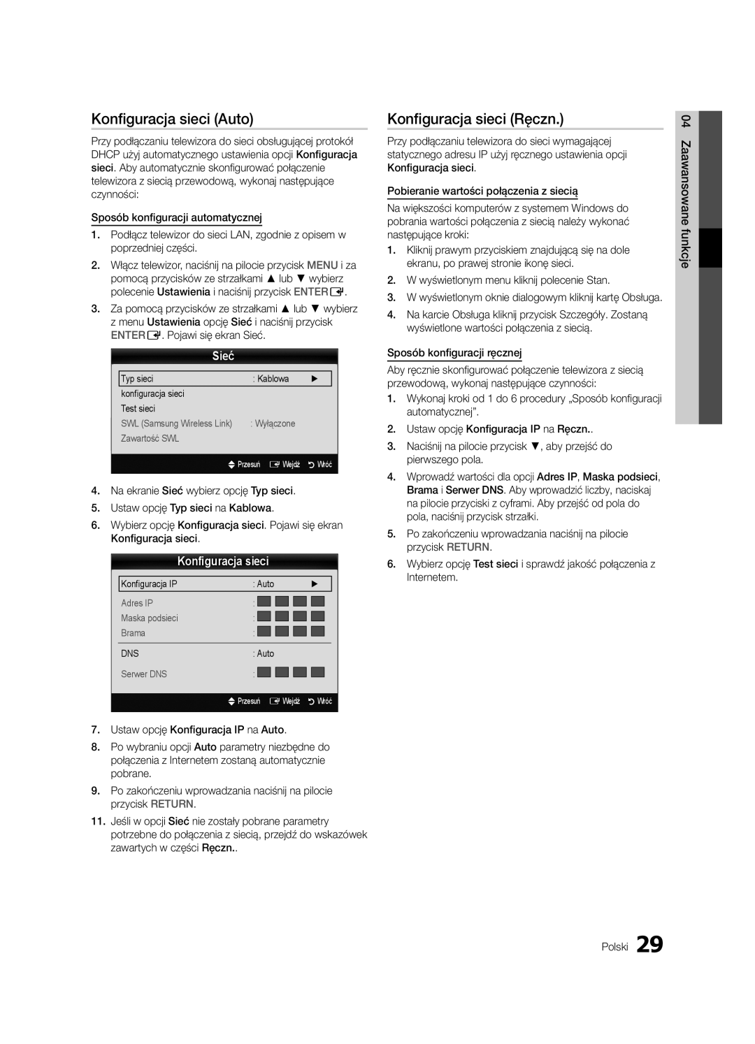 Samsung UE40C6905VSXXE manual Konfiguracja sieci Auto, Konfiguracja sieci Ręczn, Sieć, Sposób konfiguracji ręcznej 