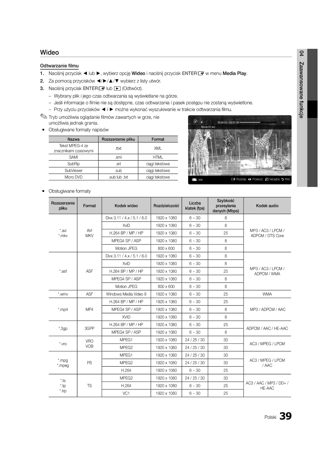 Samsung UE55C6900VSXXH manual Wideo, Tryb umożliwia oglądanie filmów zawartych w grze, nie, Obsługiwane formaty napisów 