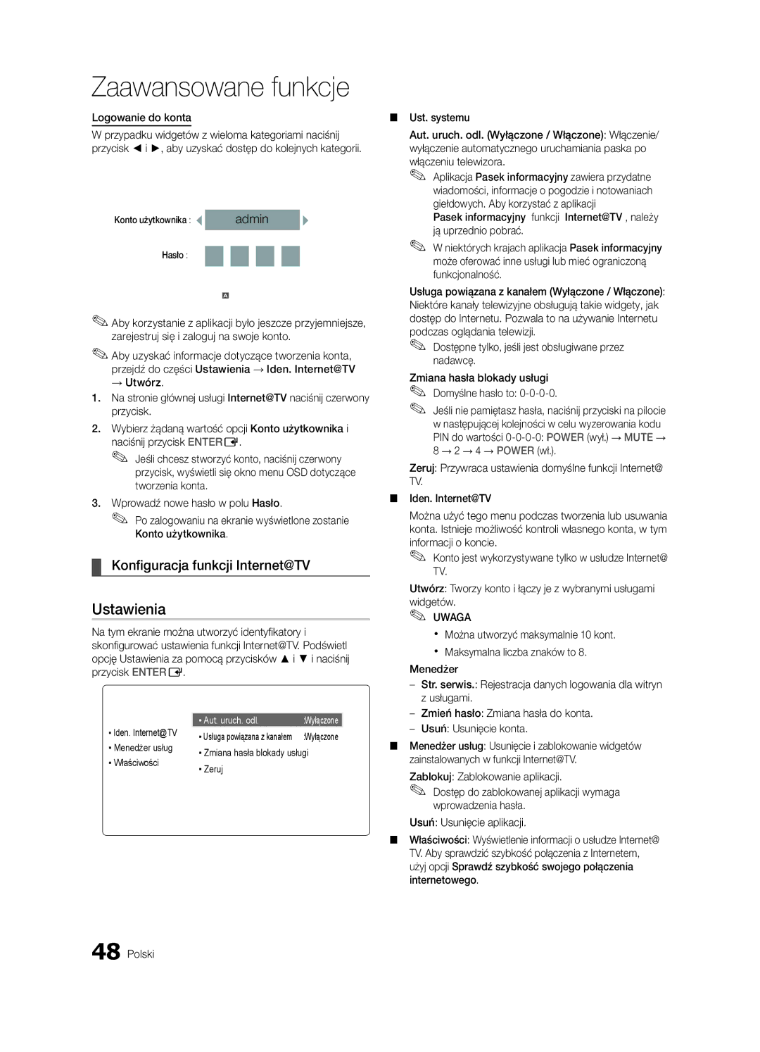 Samsung UE40C6900VSXXH, UE46C6990VSXZG Konfiguracja funkcji Internet@TV, Zaloguj, Ustawienia, Logowanie do konta, Menedżer 