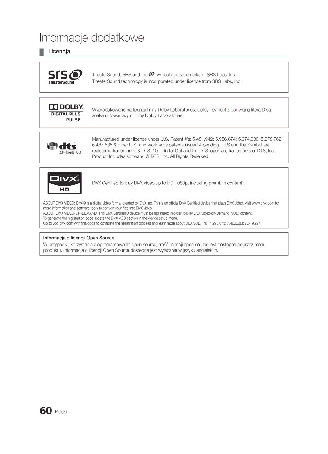 Samsung UE55C6900VSXXH, UE46C6990VSXZG, UE40C6900VSXXC, UE46C6900VSXXH manual Licencja, Informacja o licencji Open Source 