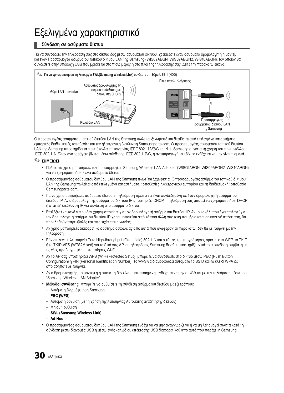 Samsung UE40C6905VSXXE, UE46C6990VSXZG SWL Samsung Wireless Link Ad-Hoc, 30 Ελληνικά, Σημείο πρόσβασης με Διακομιστή Dhcp 