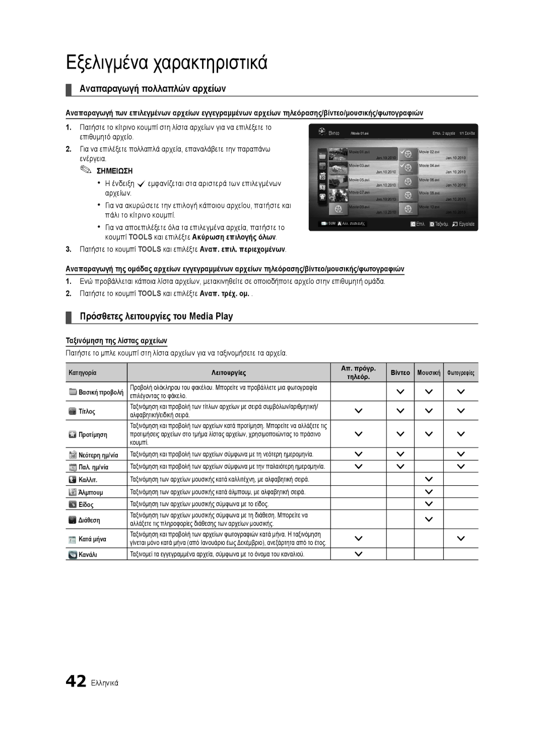 Samsung UE40C6900VSXXH, UE46C6990VSXZG, UE40C6900VSXXC, UE55C6900VSXXH manual Ταξινόμηση της λίστας αρχείων, 42 Ελληνικά 