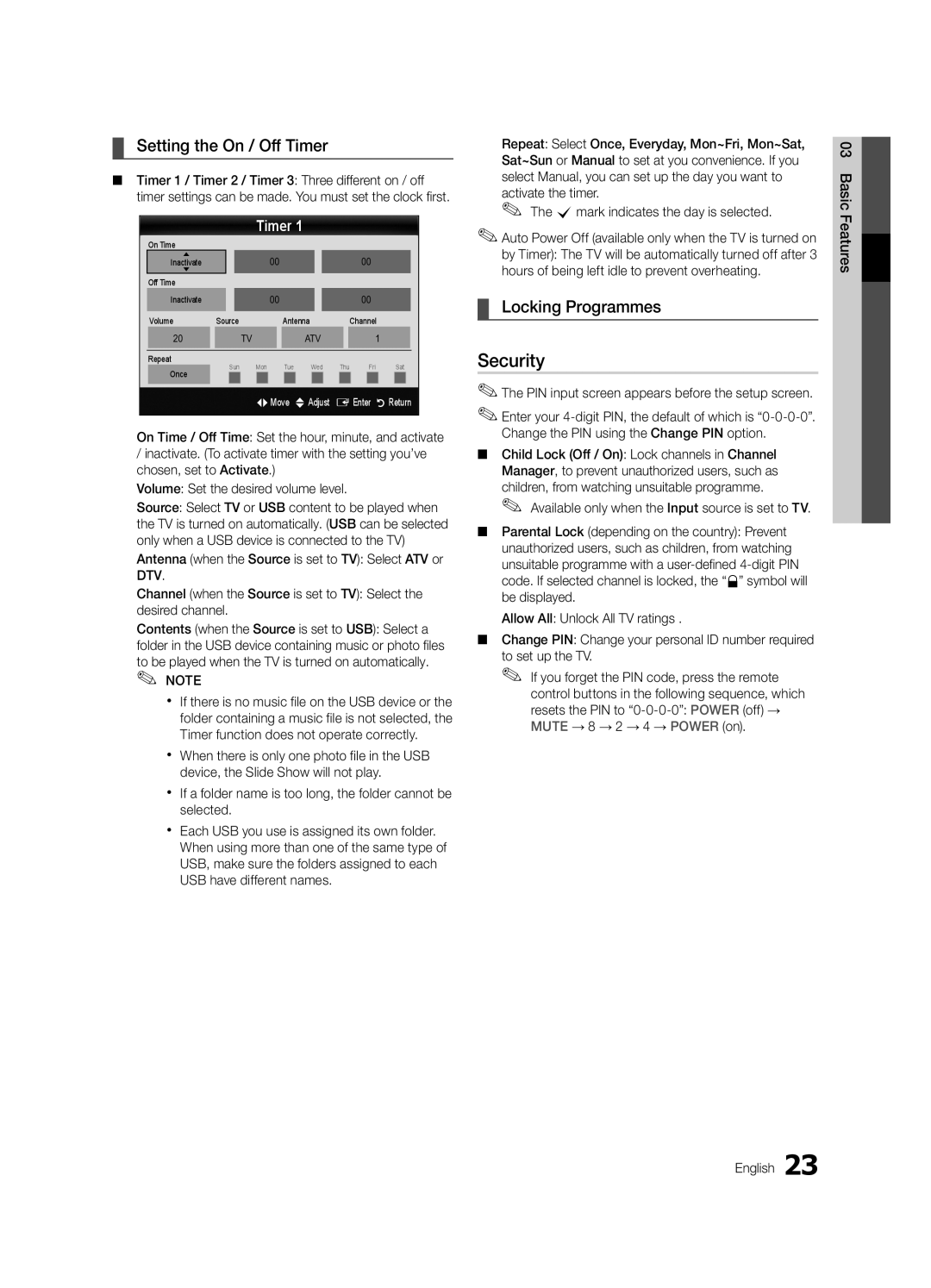 Samsung UE55C6900VSXXH, UE46C6990VSXZG, UE40C6900VSXXC manual Security, Setting the On / Off Timer, Locking Programmes 