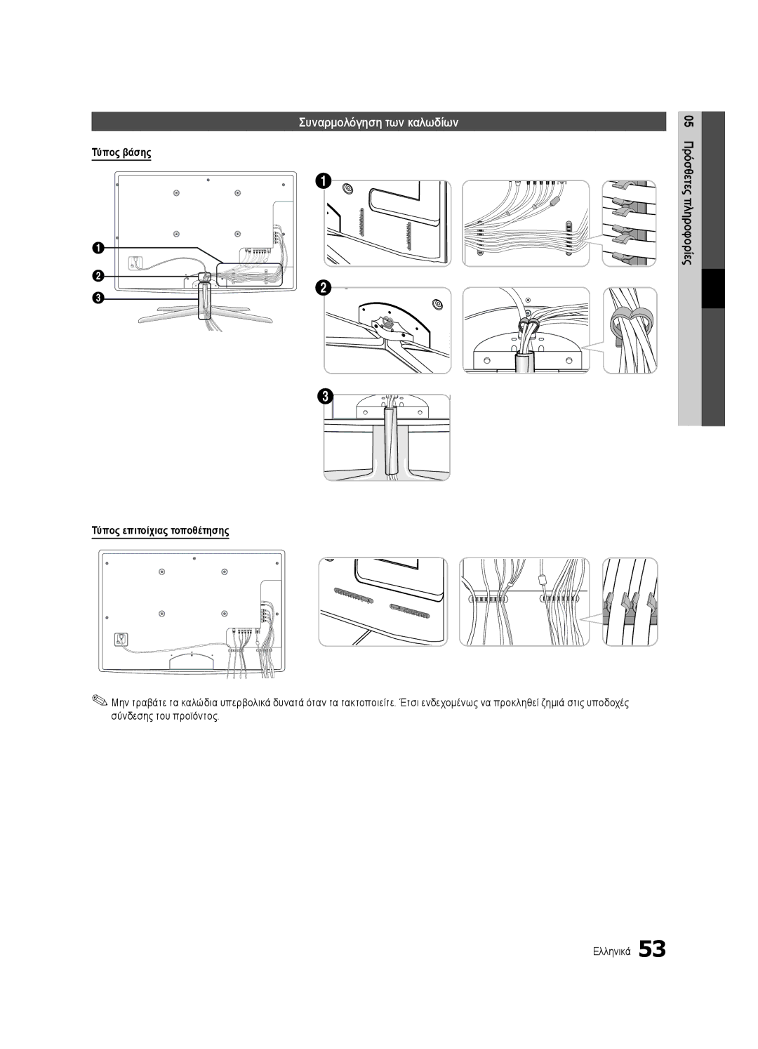 Samsung UE40C6900VSXXC, UE46C6990VSXZG manual Συναρμολόγηση των καλωδίων, Τύπος βάσης, Τύπος επιτοίχιας τοποθέτησης 