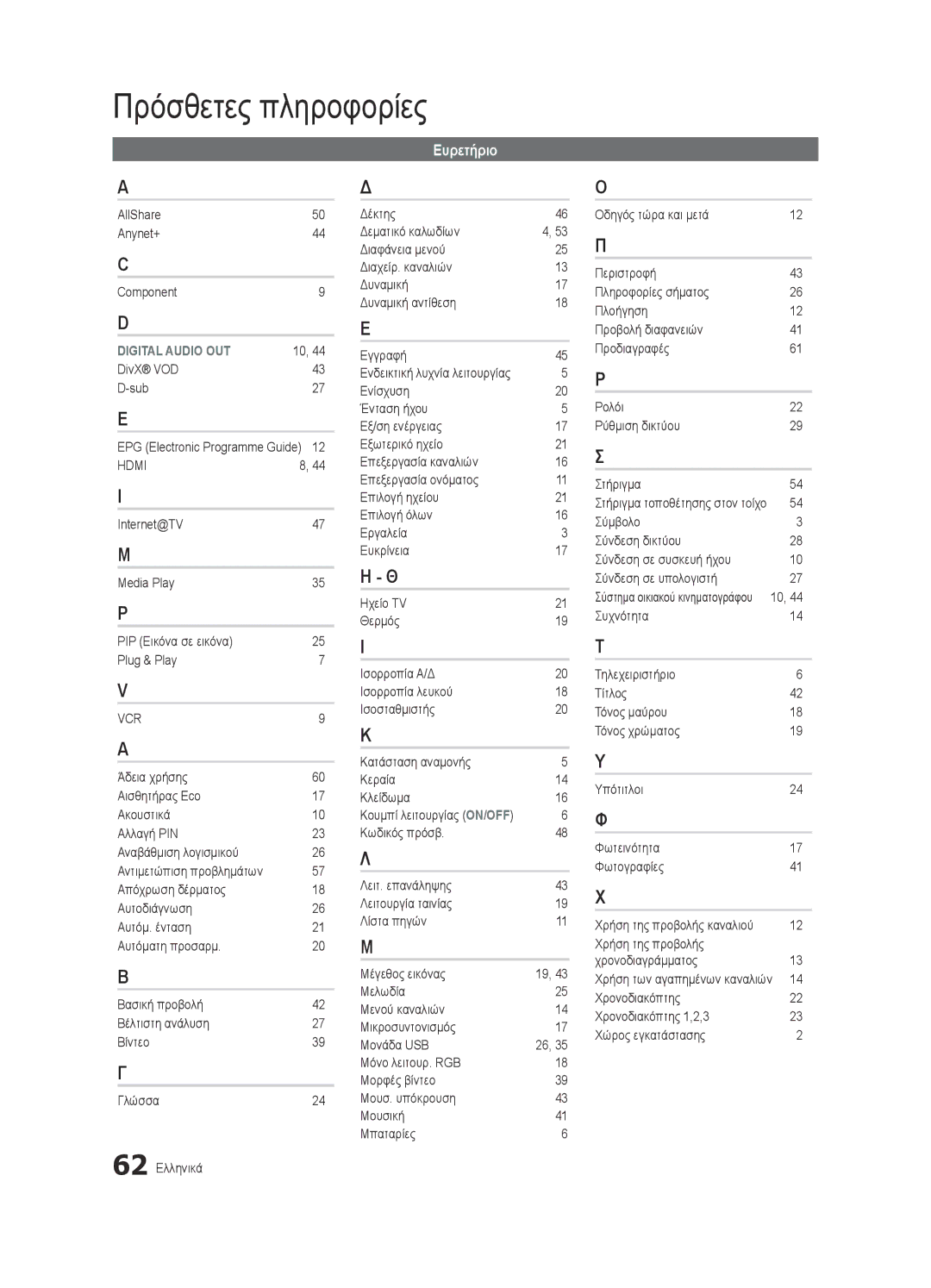 Samsung UE46C6900VSXXH, UE46C6990VSXZG Ευρετήριο, AllShare Anynet+ Component, DivX VOD Sub EPG Electronic Programme Guide 