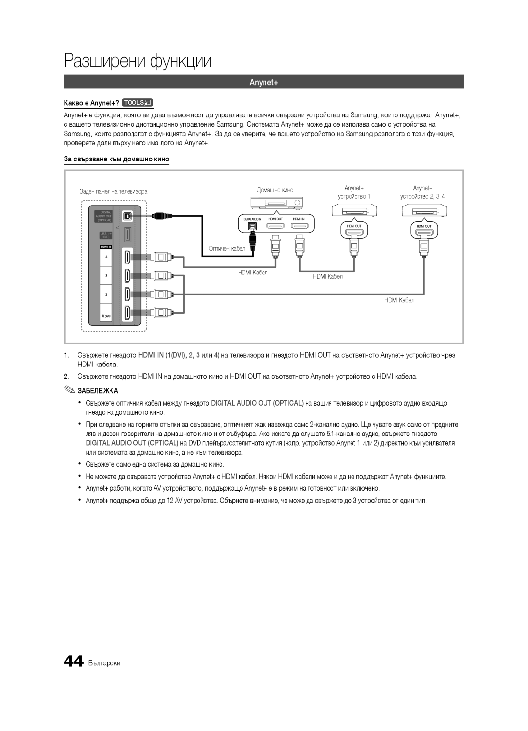 Samsung UE46C6905VSXXE, UE46C6990VSXZG, UE40C6900VSXXC Какво е Anynet+? t, За свързване към домашно кино, 44 Български 