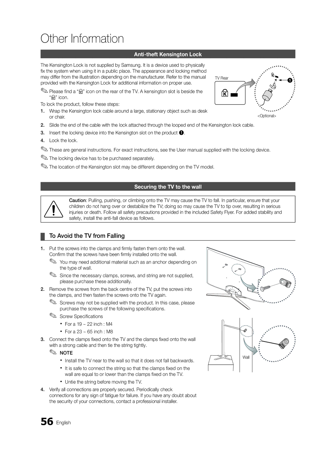 Samsung UE46C6990VSXZG manual To Avoid the TV from Falling, Anti-theft Kensington Lock, Securing the TV to the wall 