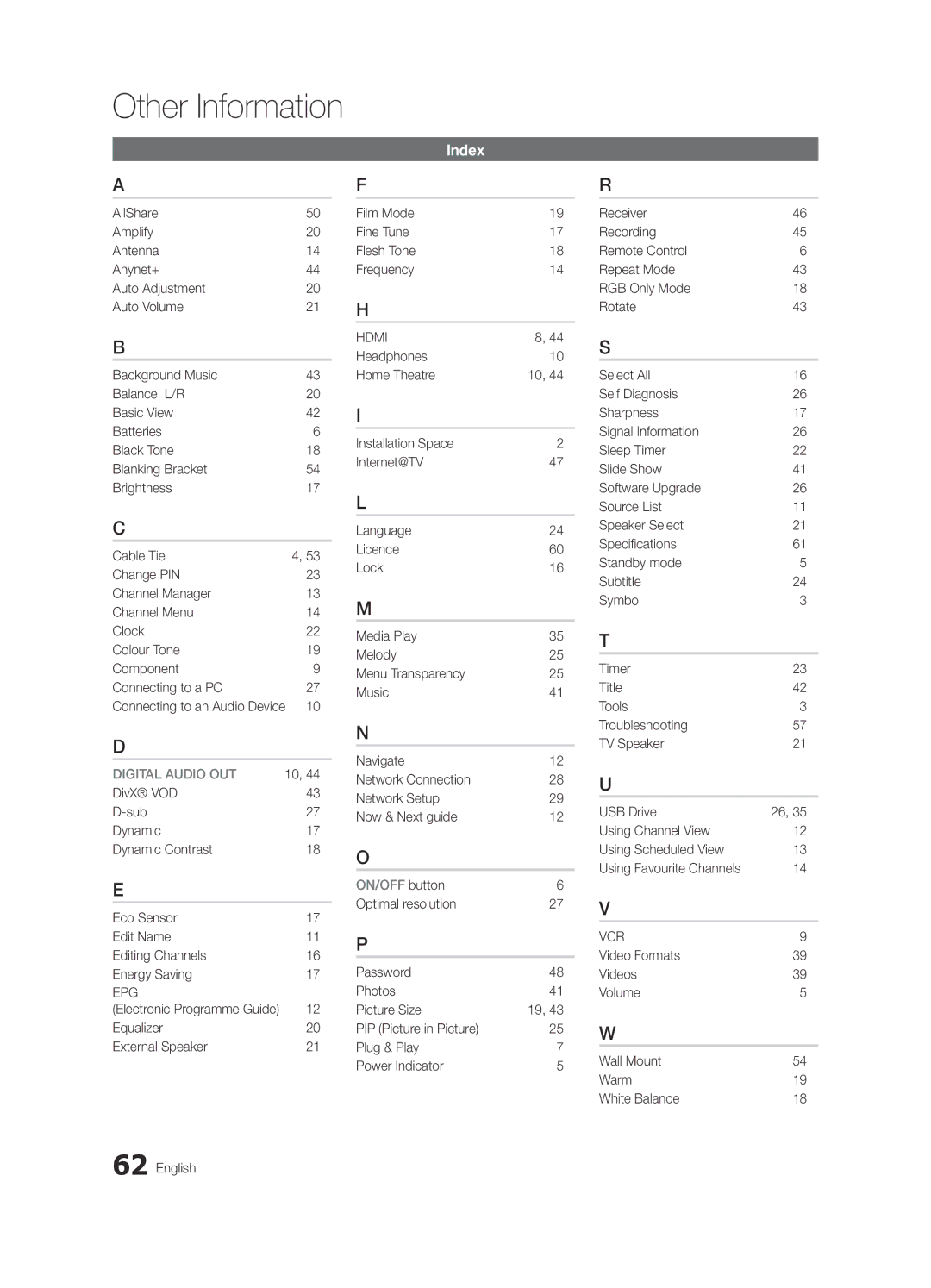 Samsung UE40C6905VSXXE Index, Video Formats Videos Volume Wall Mount Warm White Balance, Connecting to an Audio Device 