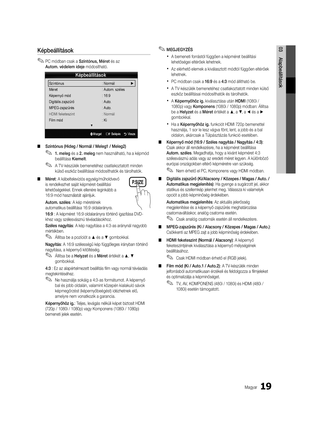 Samsung UE40C6900VSXXH, UE46C6990VSXZG, UE40C6900VSXXC manual Képbeállítások, Is rendelkezhet saját képméret-beállítási 