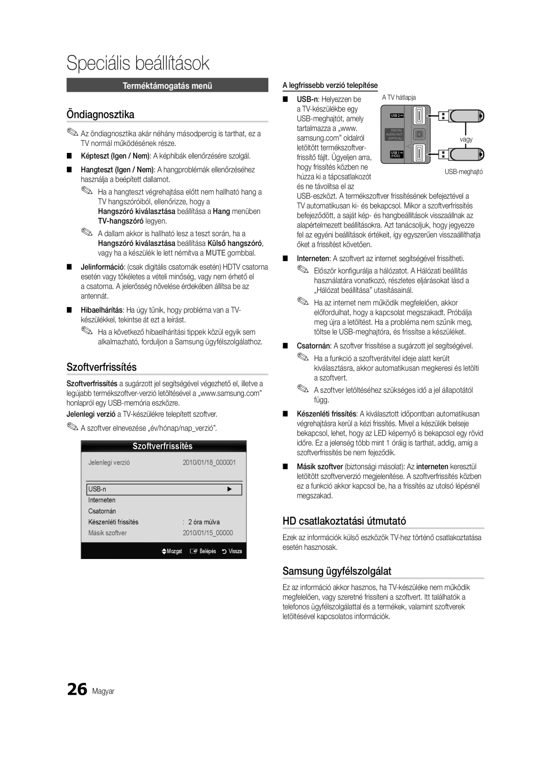 Samsung UE40C6900VSXXH manual Speciális beállítások, Öndiagnosztika, Szoftverfrissítés, HD csatlakoztatási útmutató 