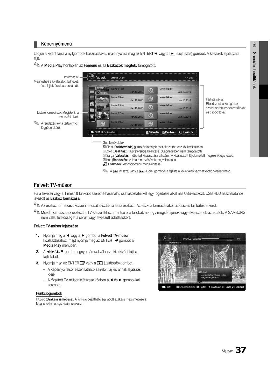 Samsung UE40C6900VSXXC, UE46C6990VSXZG, UE55C6900VSXXH, UE46C6900VSXXH, UE40C6900VSXXH manual Felvett TV-műsor, Képernyőmenü 