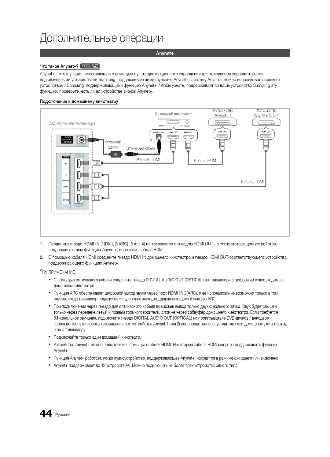 Samsung UE46C7000WWXRU Что такое Anynet+? t, Функцию, проверьте, есть ли на устройстве значок Anynet+, 44 Русский 