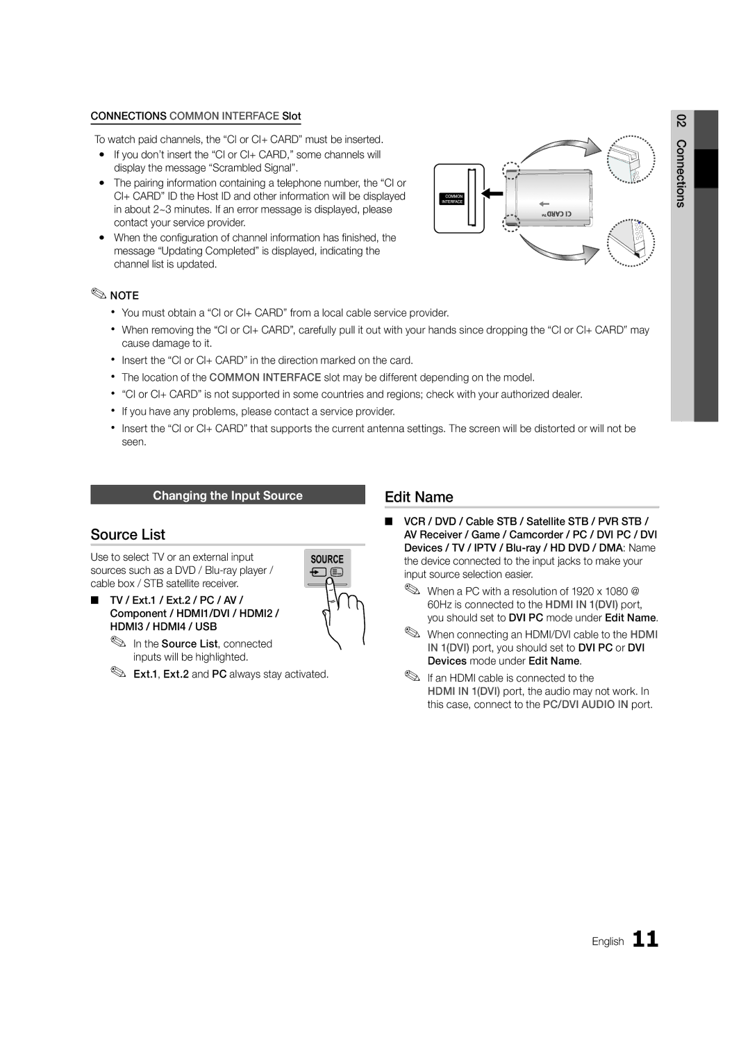 Samsung UE40C7000WWXRU, UE46C7000WWXBT, UE40C7000WWXBT, UE46C7000WWXRU Source List, Edit Name, Changing the Input Source 