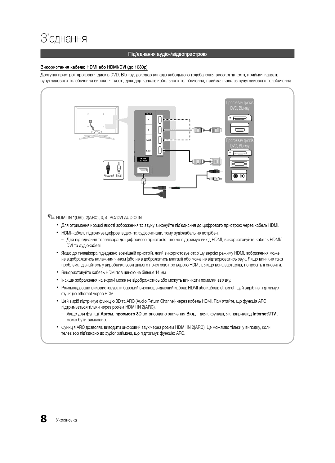 Samsung UE40C7000WWXBT manual Під’єднання аудіо-/відеопристрою, Використання кабелю Hdmi або HDMI/DVI до 1080p 