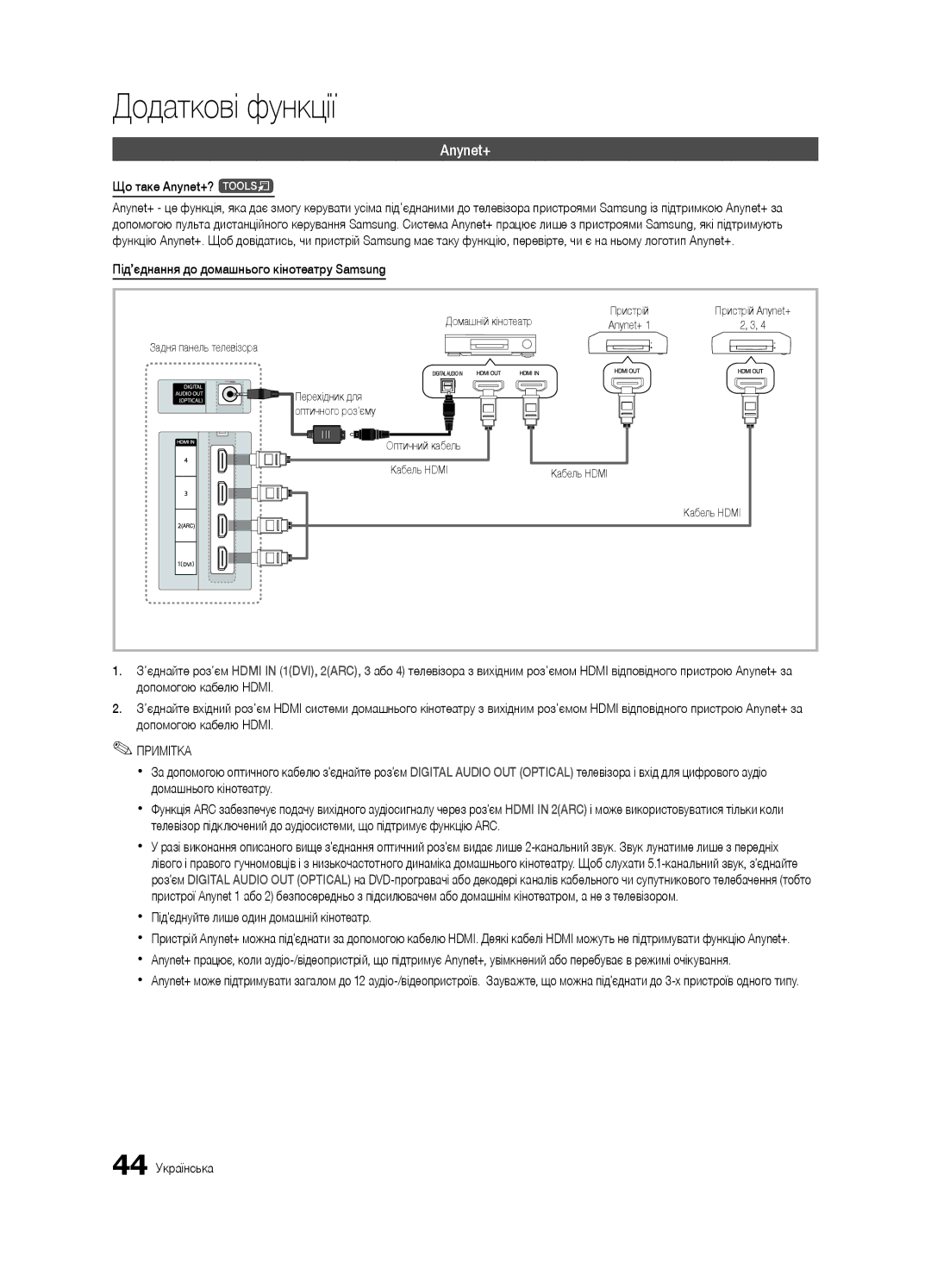 Samsung UE40C7000WWXBT manual Що таке Anynet+? t, Під’єднання до домашнього кінотеатру Samsung, 44 Українська, Пристрій 