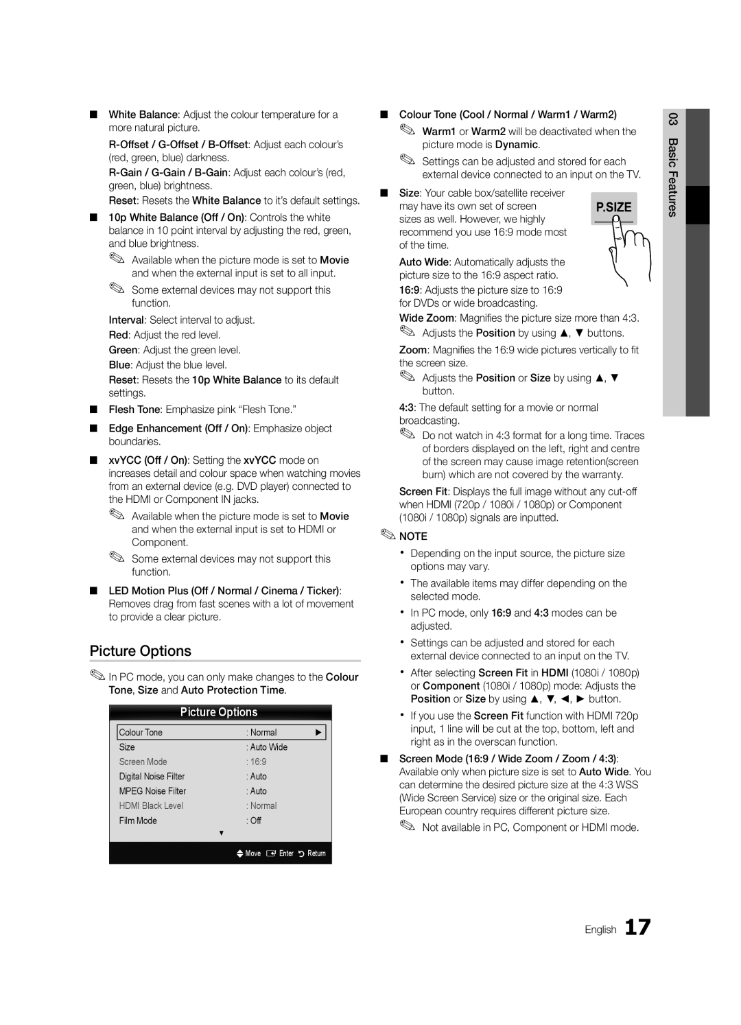 Samsung UE40C7000WWXBT manual Picture Options, Size Your cable box/satellite receiver, May have its own set of screen 