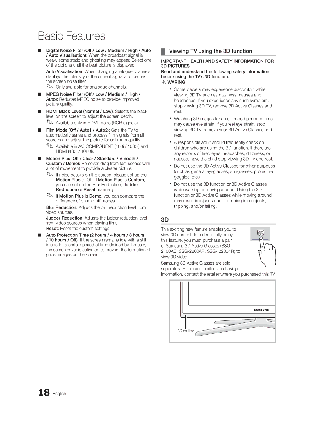 Samsung UE46C7000WWXRU manual Viewing TV using the 3D function, Digital Noise Filter Off / Low / Medium / High / Auto 