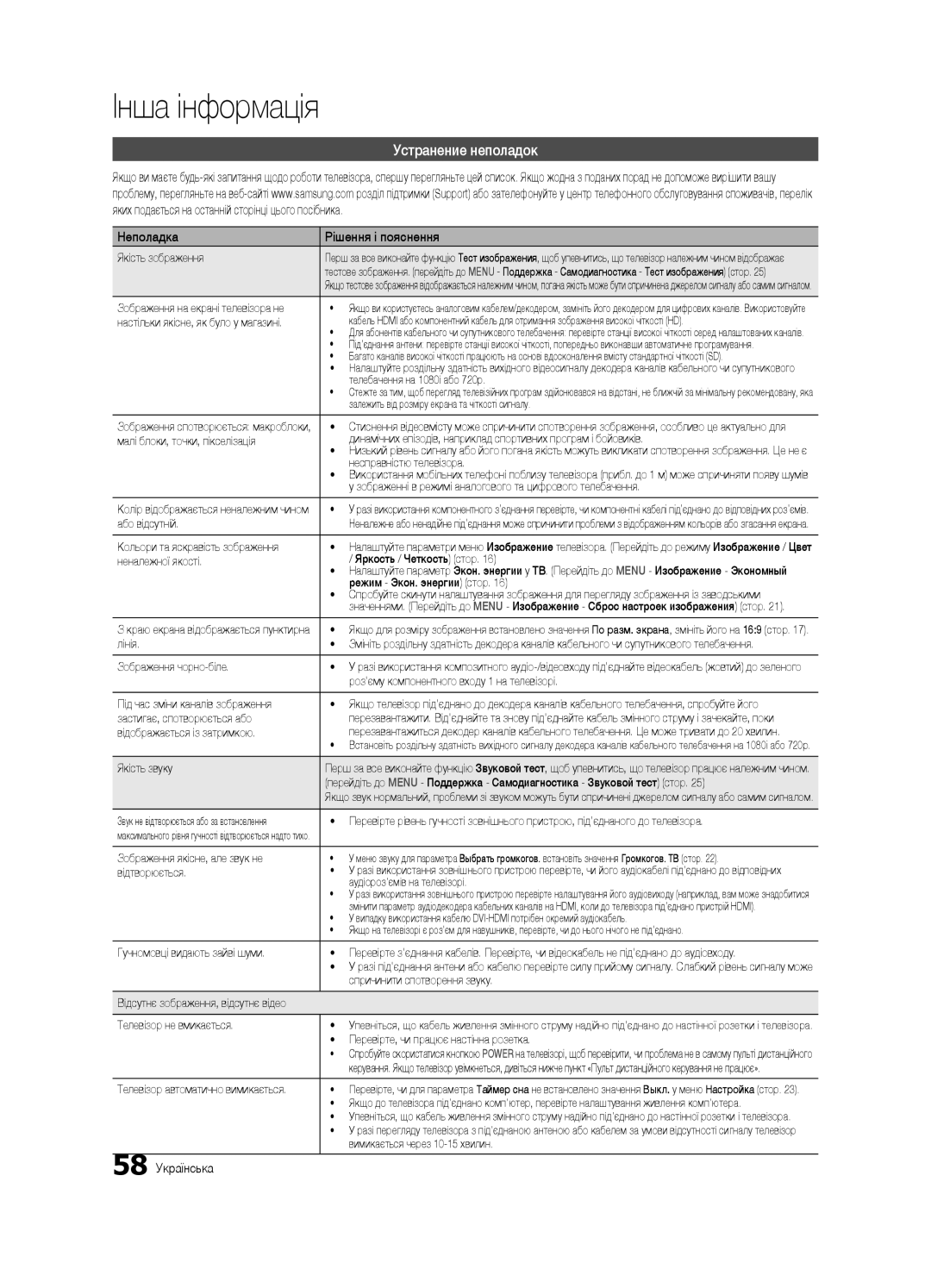 Samsung UE40C7000WWXRU, UE46C7000WWXBT, UE40C7000WWXBT Устранение неполадок, Неполадка Рішення і пояснення, 58 Українська 