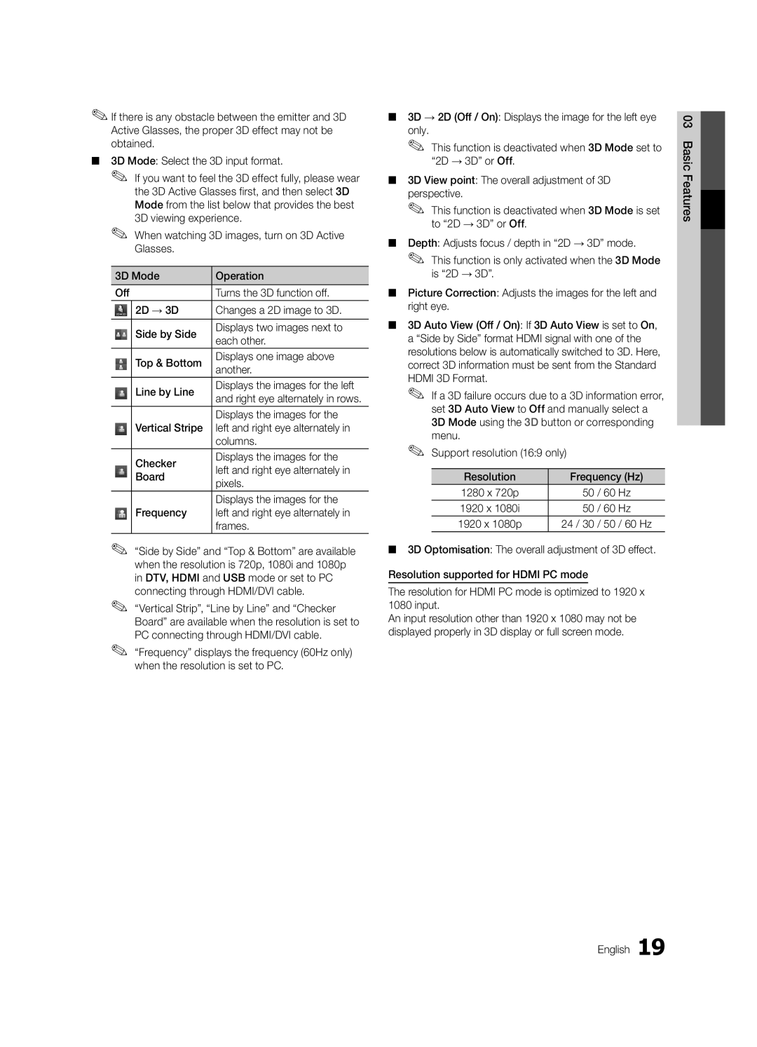 Samsung UE40C7000WWXRU manual Displays the images for, 60 Hz, 03FeaturesBasic English, Right eye alternately in rows 