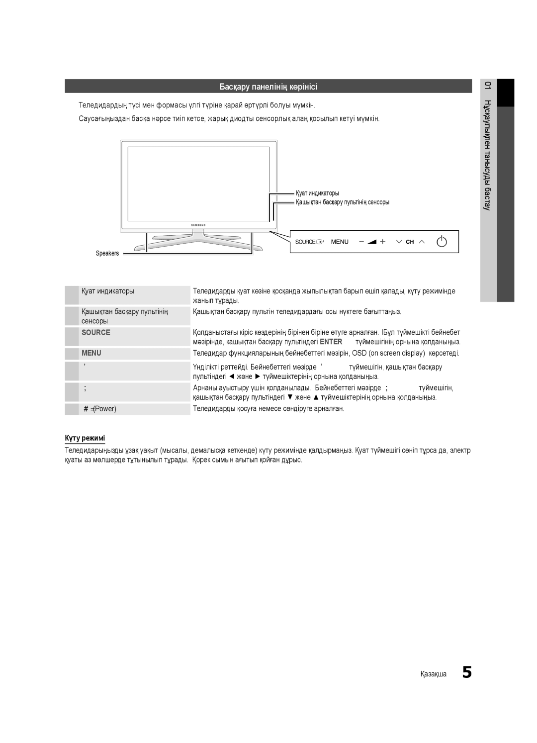 Samsung UE40C7000WWXBT, UE46C7000WWXBT, UE46C7000WWXRU, UE40C7000WWXRU manual Басқару панелінің көрінісі, Күту режимі 