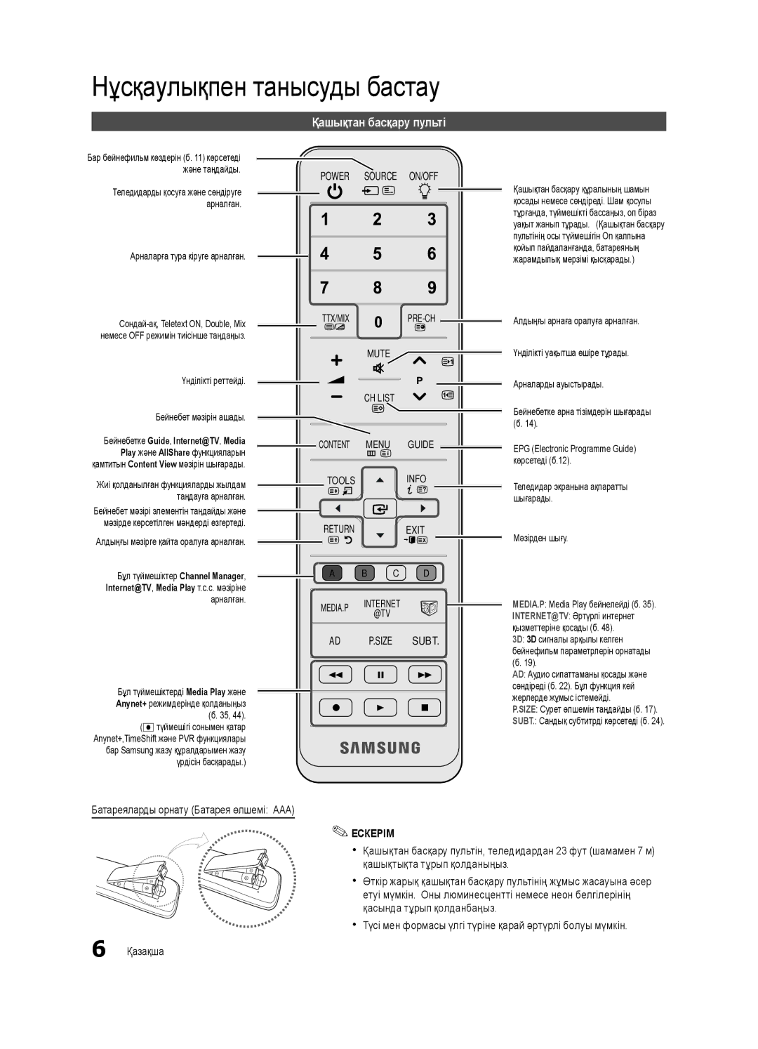 Samsung UE46C7000WWXRU, UE46C7000WWXBT, UE40C7000WWXBT manual Қашықтан басқару пульті, Батареяларды орнату Батарея өлшемі AAA 