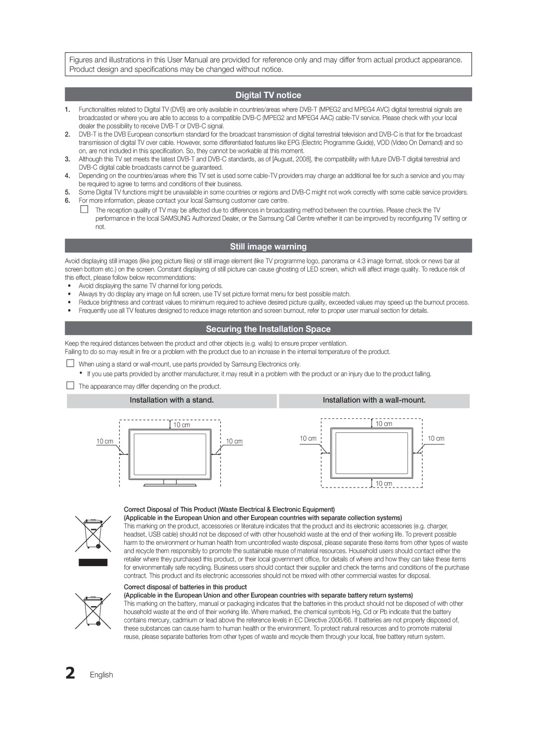 Samsung UE46C7000WWXRU, UE46C7000WWXBT, UE40C7000WWXBT, UE40C7000WWXRU manual Installation with a wall-mount, English, 10 cm 