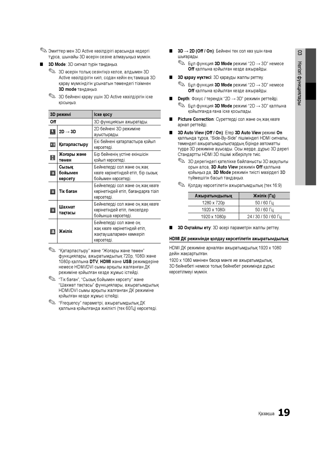 Samsung UE40C7000WWXRU manual 3D режимі Іске қосу Off, 2D → 3D, Төмен, Сызық, Бойымен, Көрсету, Тік баған, Шахмат, Тақтасы 