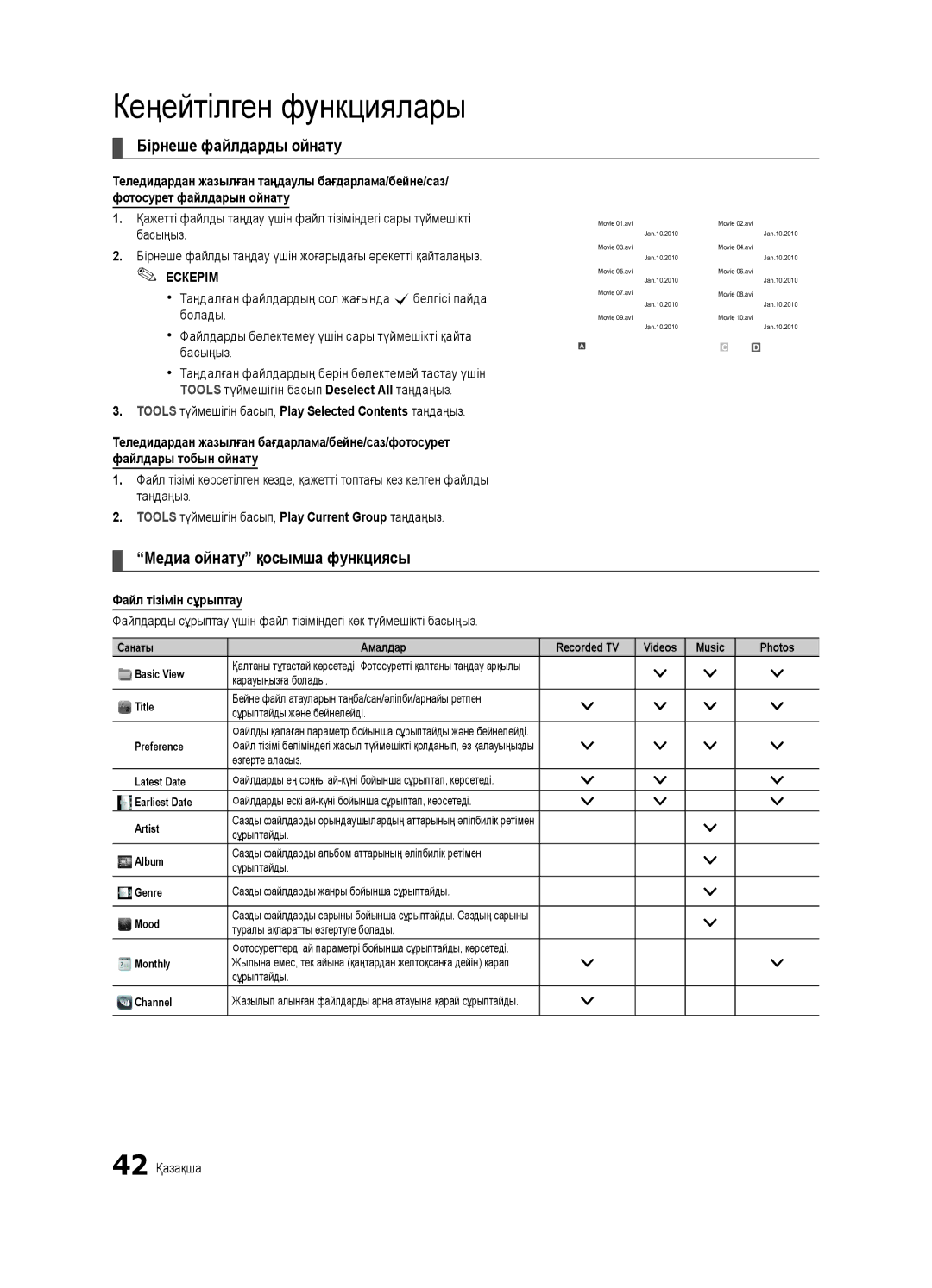 Samsung UE46C7000WWXRU manual Бірнеше файлдарды ойнату, Медиа ойнату қосымша функциясы, Файл тізімін сұрыптау, 42 Қазақша 