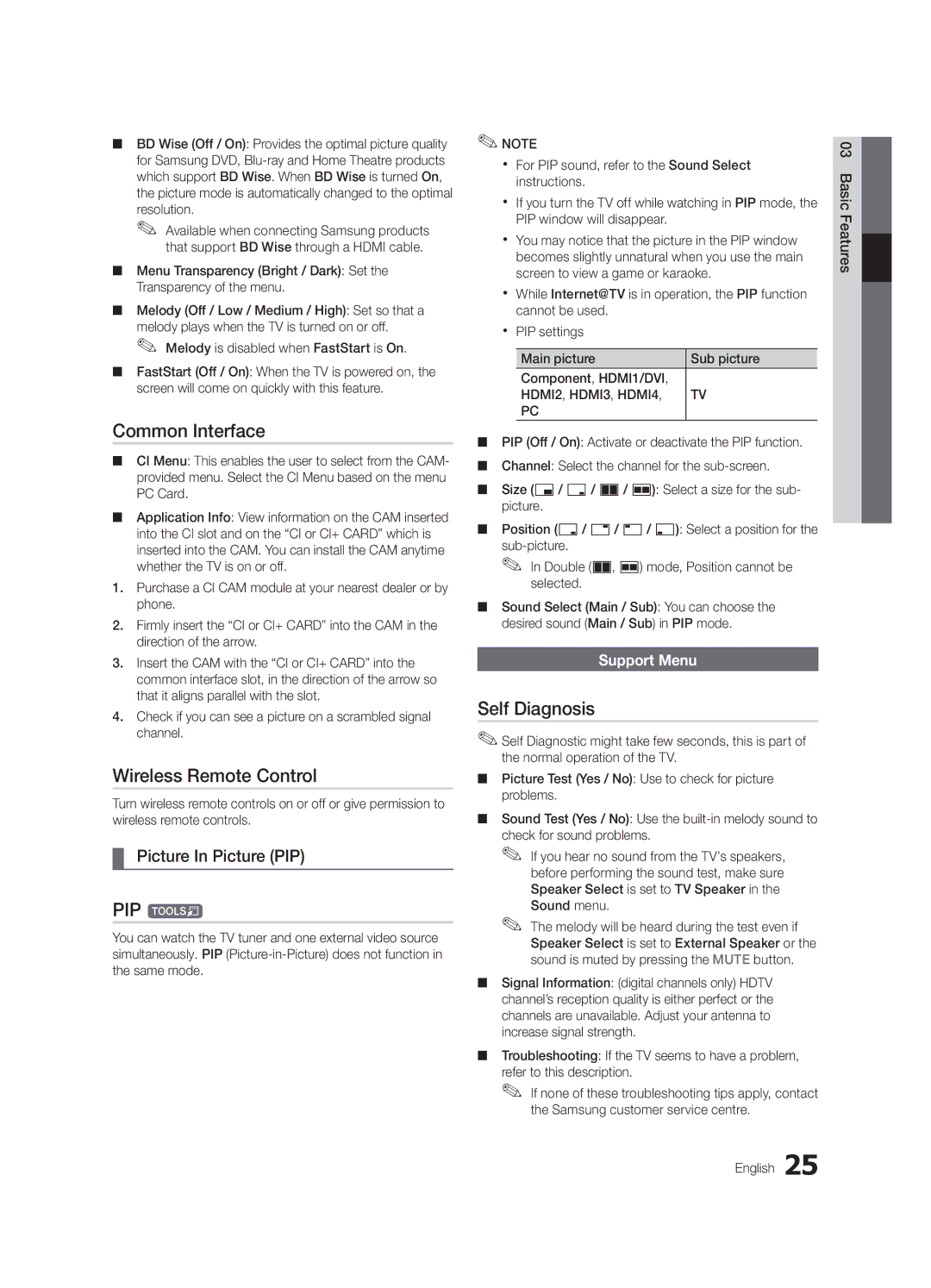 Samsung UE40C7000WWXBT manual Common Interface, Wireless Remote Control, PIP t, Self Diagnosis, Picture In Picture PIP 