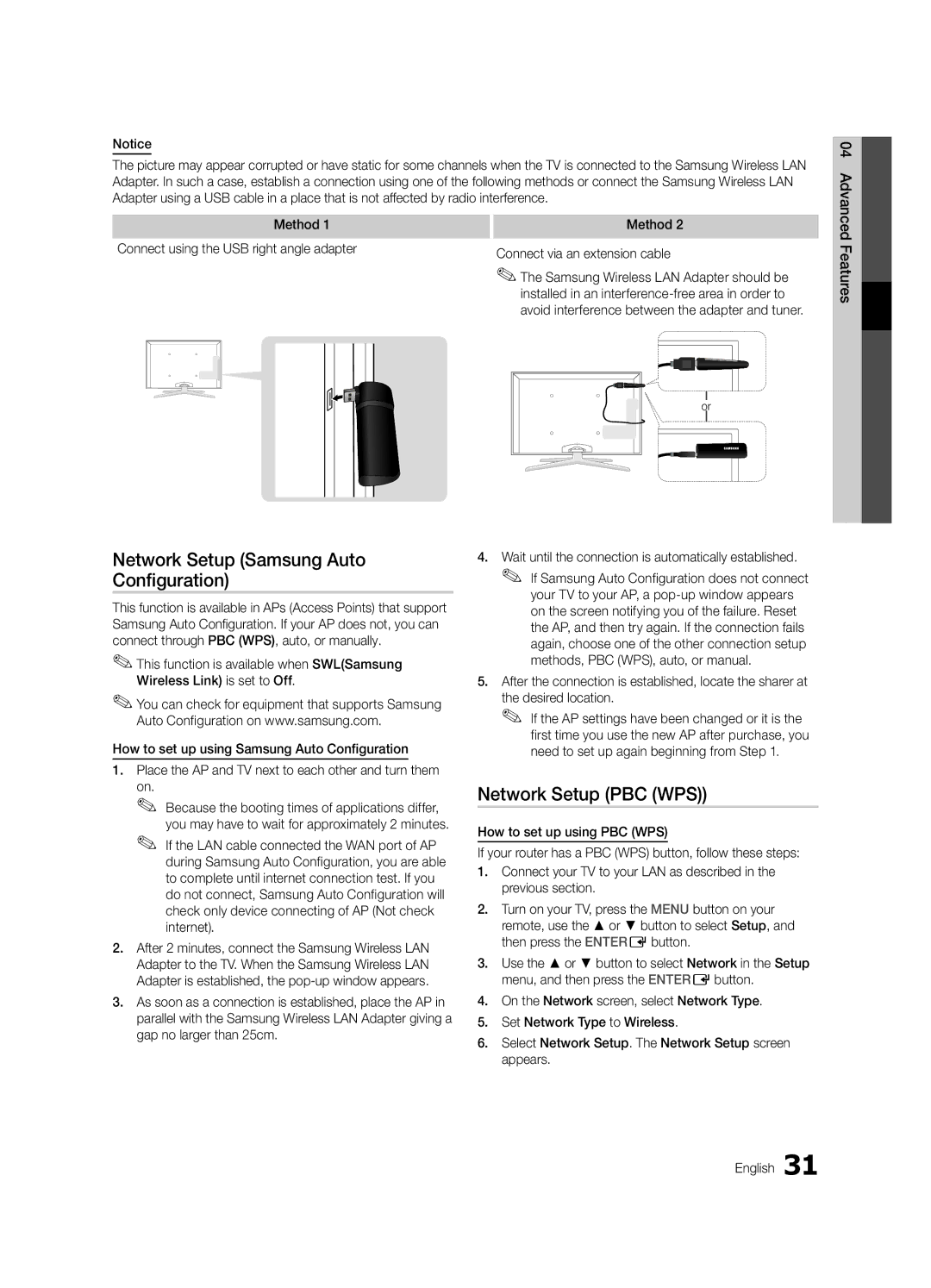 Samsung UE40C7000WWXRU, UE46C7000WWXBT Network Setup Samsung Auto Configuration, Network Setup PBC WPS, Desired location 