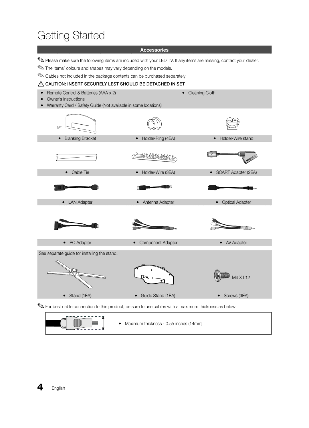 Samsung UE46C7000WWXBT Getting Started, Accessories, Yy Cable Tie Yy Holder-Wire 3EA, Yy LAN Adapter Yy Antenna Adapter 