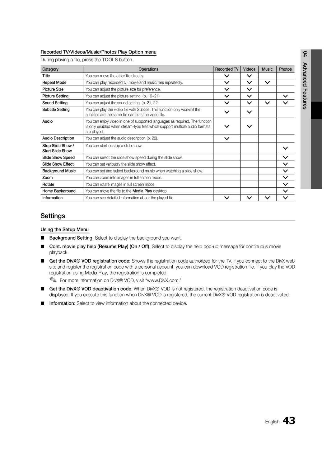 Samsung UE40C7000WWXRU, UE46C7000WWXBT, UE40C7000WWXBT Settings, Subtitles are the same file name as the video file Audio 