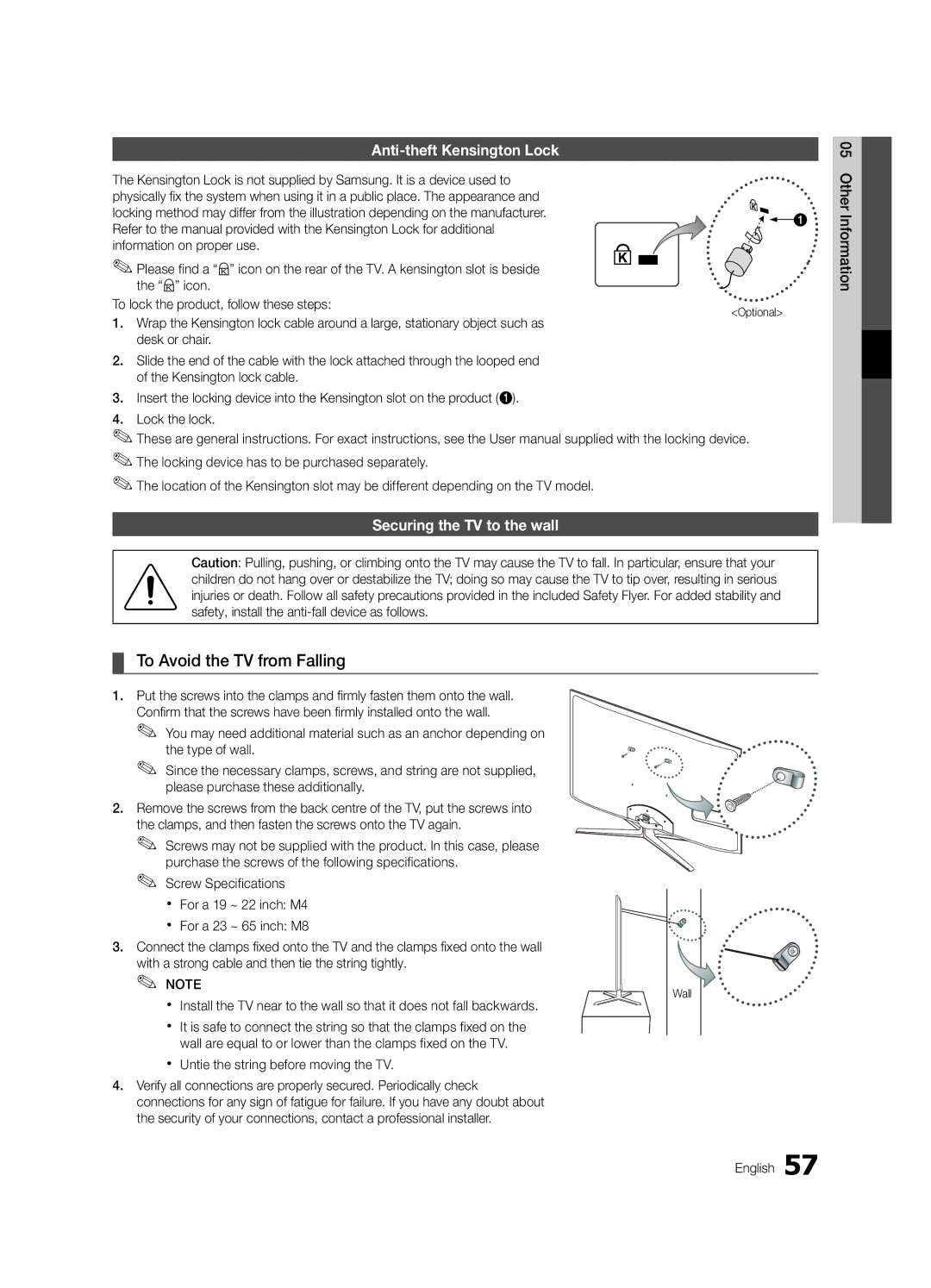 Samsung UE40C7000WWXBT To Avoid the TV from Falling, Anti-theft Kensington Lock, Securing the TV to the wall, Optional 